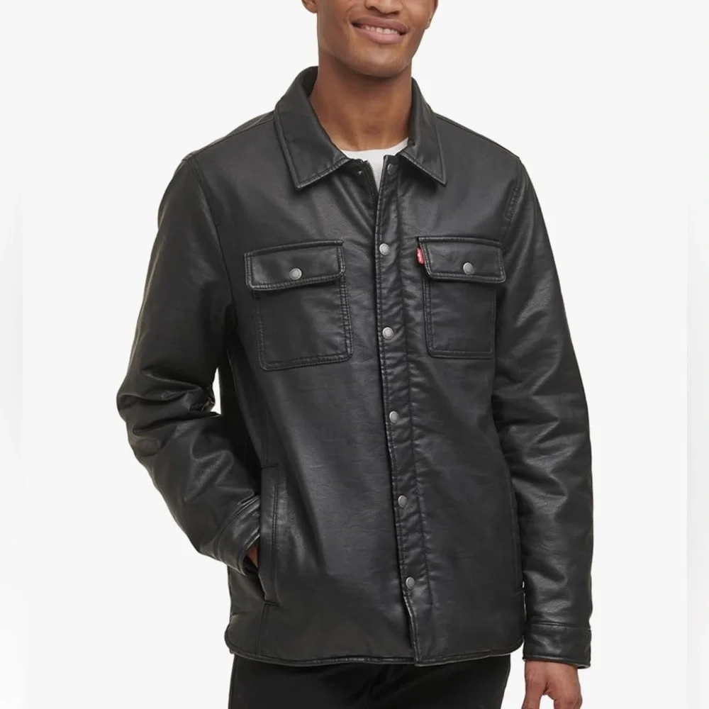 Levi's mens Buffed Cow Faux Leather Hooded Trucker Jacket S-M